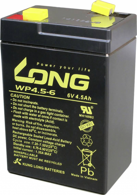 Aкумулаторна батерия Long WP 4.5 - 6, 6V 4.5Ah, 70x47x102 мм