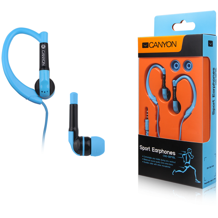Слушалки CANYON sport earphones, over-ear fixation, inline microphone, blueна ниска цена с бърза доставка - BestPC.BG