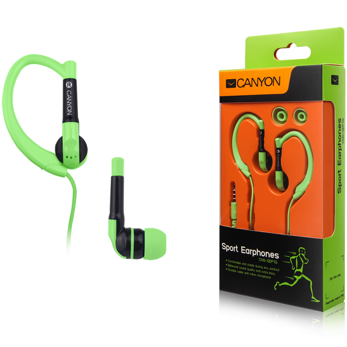 Слушалки CANYON sport earphones, over-ear fixation, inline microphone, greenна ниска цена с бърза доставка - BestPC.BG