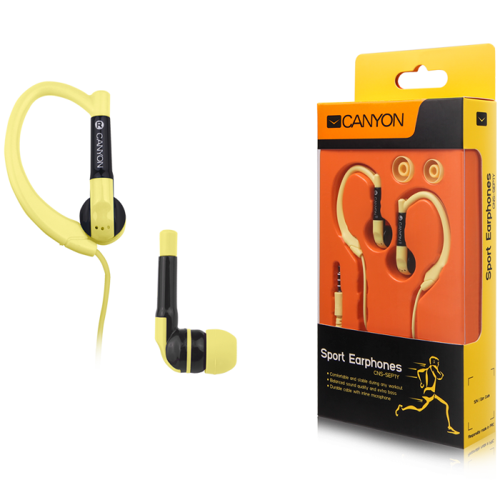 Слушалки CANYON sport earphones, over-ear fixation, inline microphone, yellowна ниска цена с бърза доставка - BestPC.BG