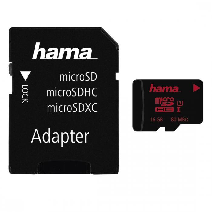 Карта памет HAMA 123980, microSDHC UHS-I, 16GB, 80 MB-s, Class U3, SD адаптерна ниска цена с бърза доставка - BestPC.BG