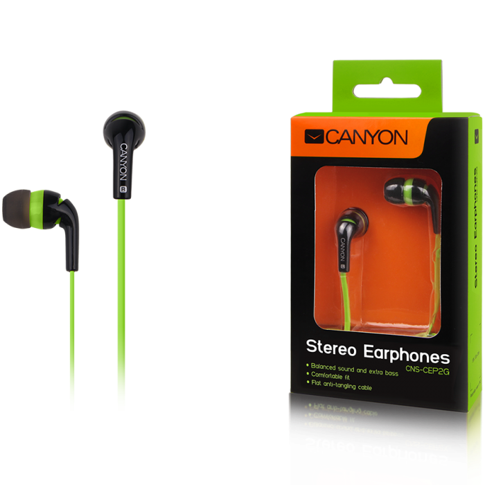 Слушалки Canyon fashion earphones, flat anti-tangling cable, greenна ниска цена с бърза доставка - BestPC.BG