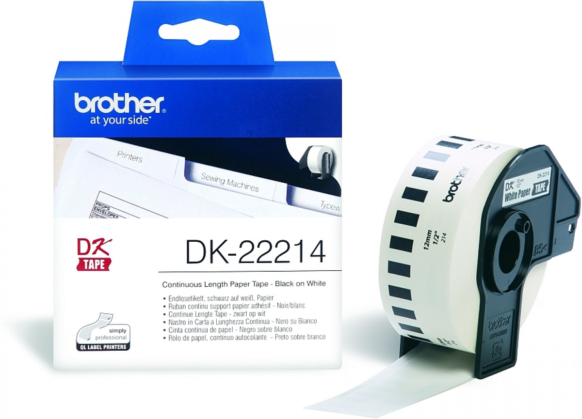 Касета за етикетен принтер Brother DK-22214 White Continuous Length Paper Tape 12mm x 30.48m, Black on Whiteна ниска цена с бърза доставка