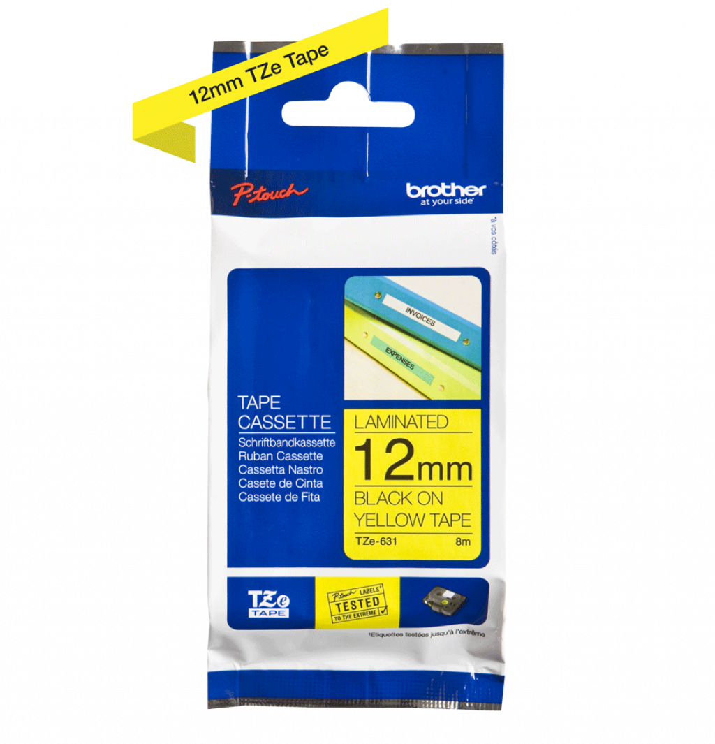 Касета за етикетен принтер Brother TZe-631 Tape Black on Yellow, Laminated, 12mm, 8m - Ecoна ниска цена с бърза доставка