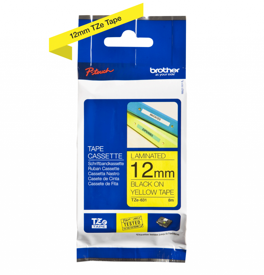 Касета за етикетен принтер Касета за етикетен принтер Brother TZe-631 Tape Black on Yellow, Laminatedна ниска цена с бърза доставка - BestPC.BG