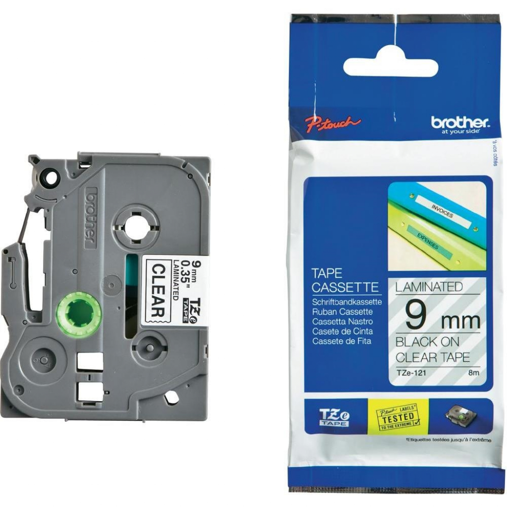 Касета за етикетен принтер Brother TZe-121 Tape Black on Clear Laminated 9mm - Ecoна ниска цена с бърза доставка