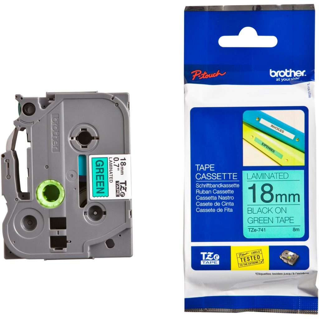Касета за етикетен принтер Brother TZe-741 Tape Black on Green, Laminated, 18mm, 8 m - Ecoна ниска цена с бърза доставка
