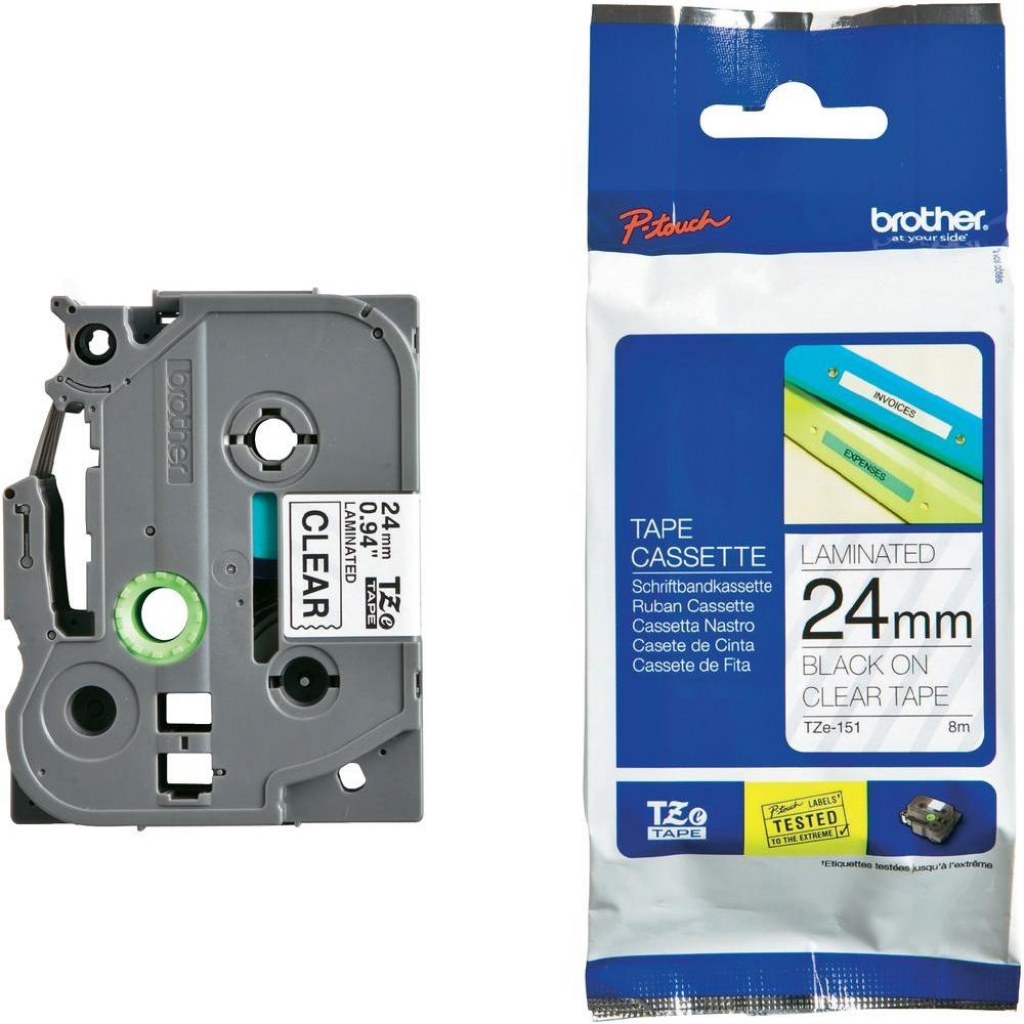 Касета за етикетен принтер Brother TZe-151 Tape Black on Clear, Laminated, 24mm, 8 m - Ecoна ниска цена с бърза доставка