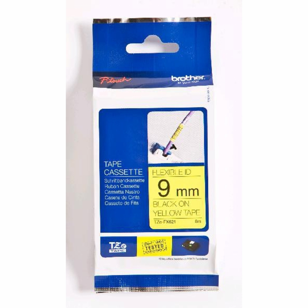 Касета за етикетен принтер Brother TZe-FX621 Tape Black on Yellow, Flexible ID, 9mm, 8m - Ecoна ниска цена с бърза доставка