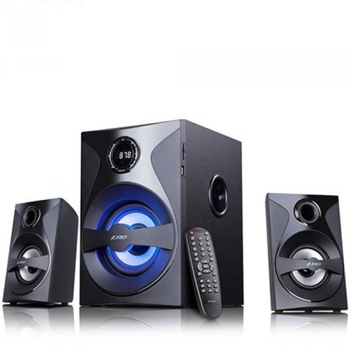 Колонки F&D F380X 2.1 Multimedia Speakers, 54W RMS (13Wx2+28W), 2x3'' Satellites + 5.25'' Subwoofer, BT 5.0-NFC-AUX-USB-FM-SD card reader-Multi-color LED-LED Display-Remote Control-Wooden-Blackна ниска цена с бърза доставка - BestPC.BG