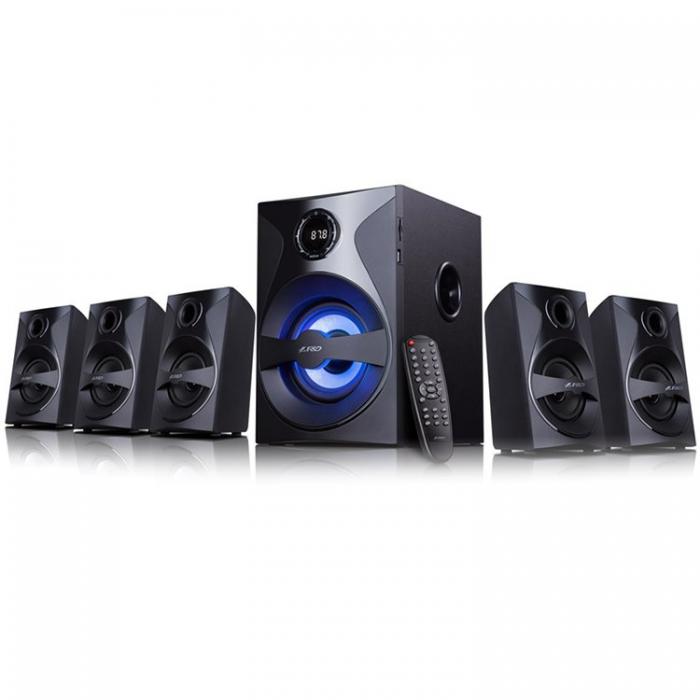 Колонки F&D F3800X 5.1 Multimedia Speakers, 80W RMS (10Wx5+30W), 5x3'' Satellites + 5.25'' Subwoofer, BT 5.0-AUX-USB-FM-SD card reader-Multi-color LED-LED Display-Remote Control-Wooden-Blackна ниска цена с бърза доставка - BestPC.BG