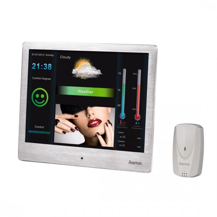 Продукт Цифрова фото рамка HAMA 8SLSWS 95282, 8", Slim stell, Метео станция, Сребристна ниска цена с бърза доставка - BestPC.BG