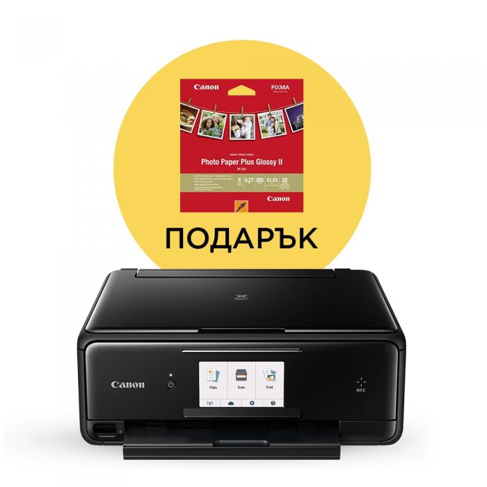 Мултифункционално у-во Canon PIXMA TS8050 All-In-One, Black + Canon Plus Glossy II PP-201, 5x5", 20 sheetsна ниска цена с бърза доставка - BestPC.BG
