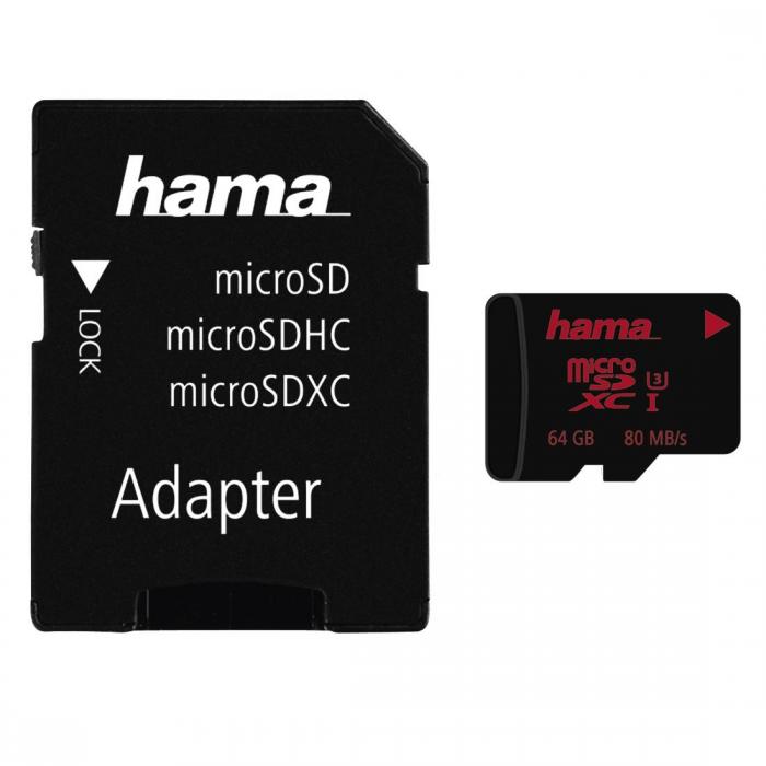SD/флаш карта Карта памет HAMA microSDXC UHS-I, 64GB, 80 MB-s, Class U3, SD адаптерна ниска цена с бърза доставка