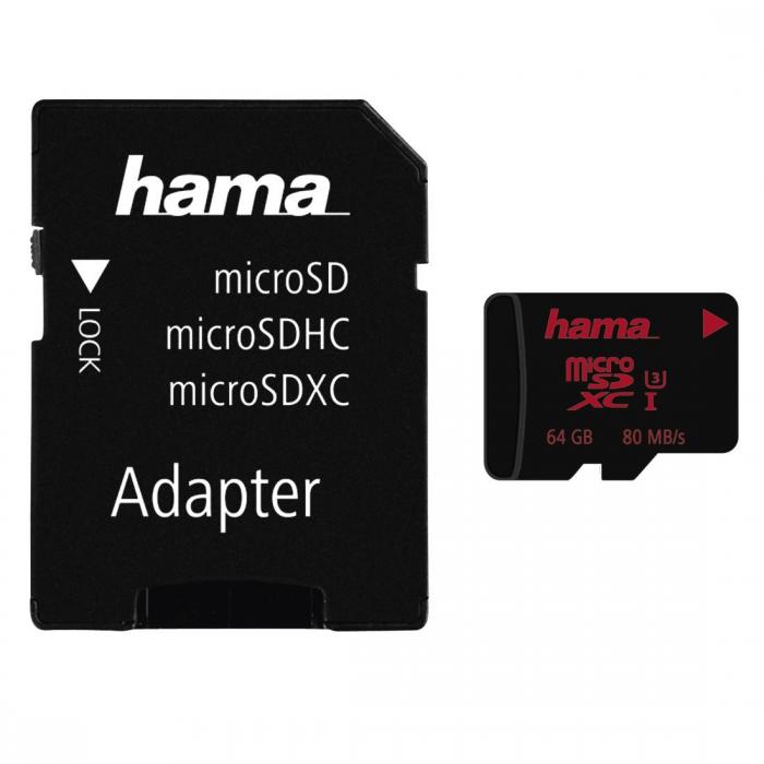Карта памет HAMA microSDXC UHS-I, 64GB, 80 MB-s, Class U3, SD адаптерна ниска цена с бърза доставка - BestPC.BG