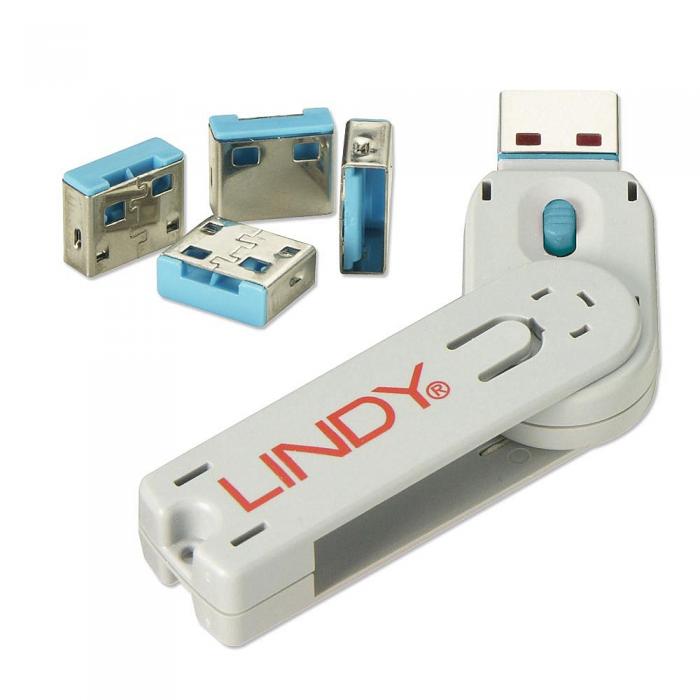 LINDY LNY-40452 :: Система за заключване на USB портове, 1 ключ, 4 порт блокера, синна ниска цена с бърза доставка - BestPC.BG