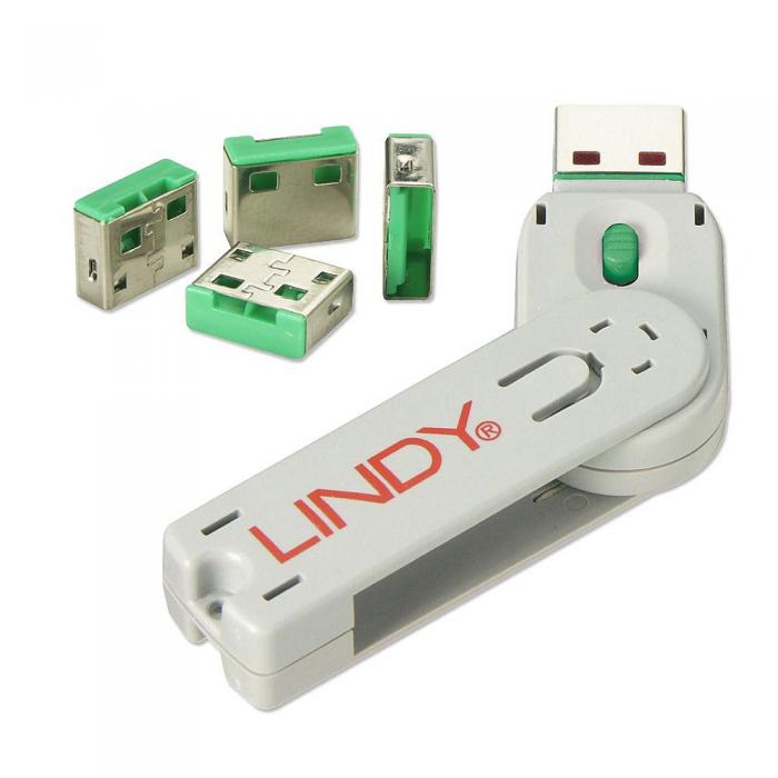 LINDY LNY-40451 :: Система за заключване на USB портове, 1 ключ, 4 порт блокера, зеленна ниска цена с бърза доставка - BestPC.BG