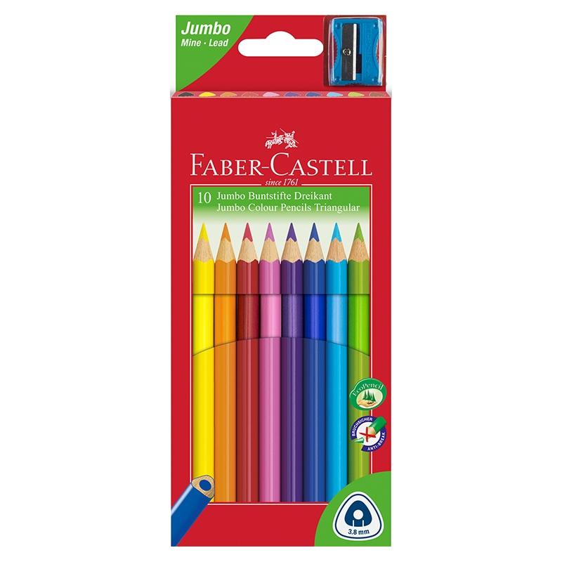Faber-Castell Цветни моливи Triangular Jumbo, 10 цвята, с включена острилкана ниска цена с бърза доставка - BestPC.BG