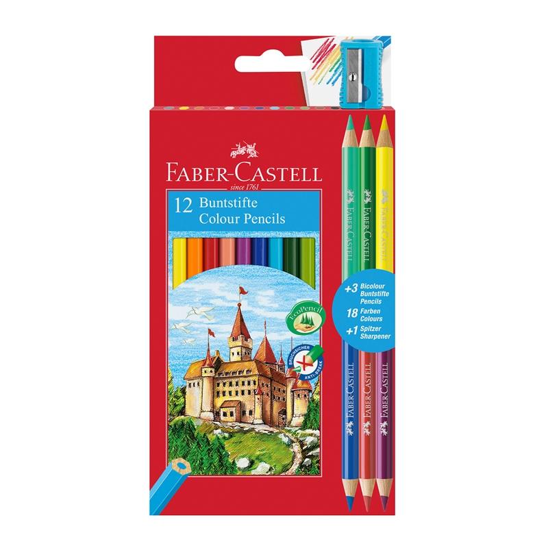 Faber-Castell Цветни моливи Замък, 12 + 6 цвята, с включена острилкана ниска цена с бърза доставка - BestPC.BG