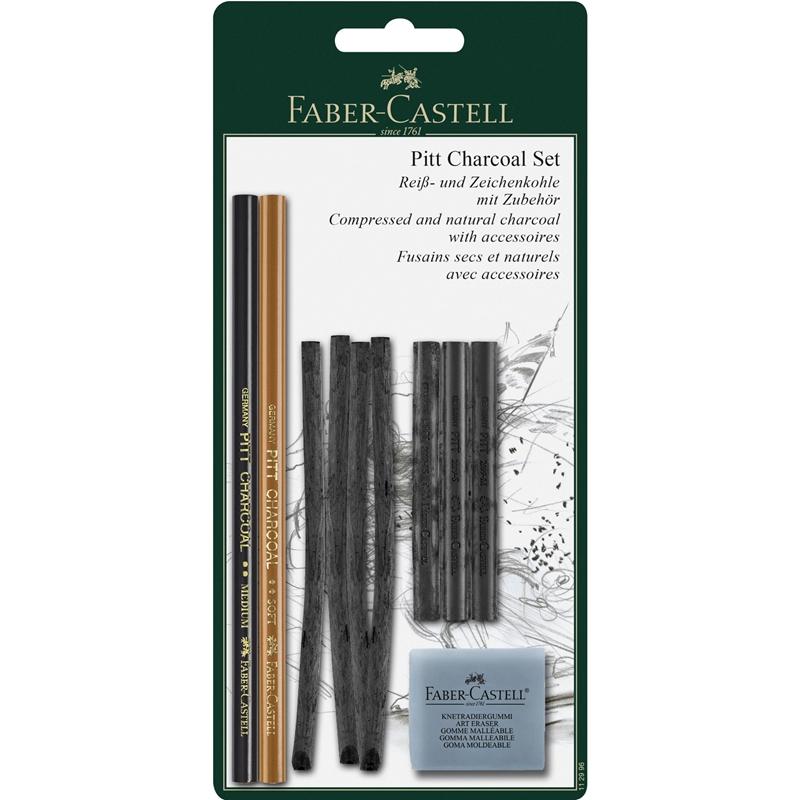 Faber-Castell Въглени Pitt, комплект, с включена хлебна гума, в блистерна ниска цена с бърза доставка - BestPC.BG