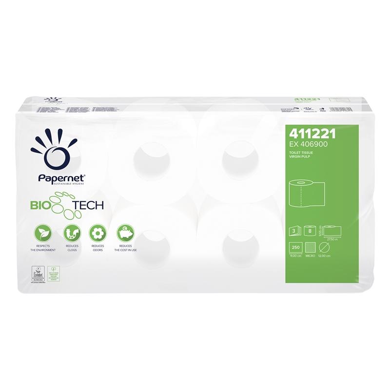 Продукт Papernet Тоалетна хартия, Bio tech, целулоза, трипластова, 250 къса, 8 брояна ниска цена с бърза доставка - BestPC.BG