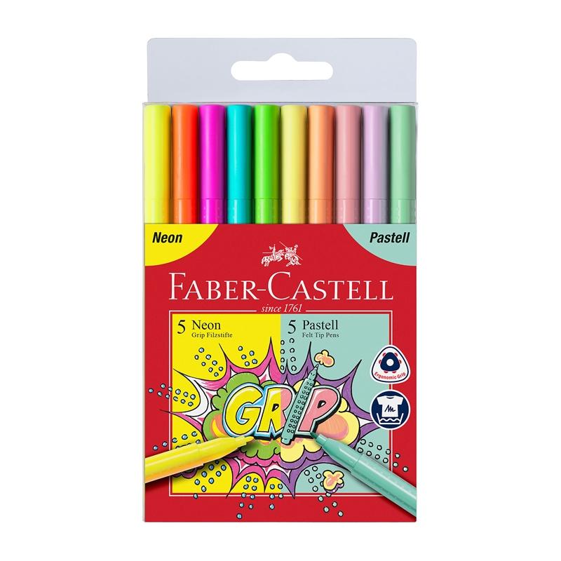 Faber-Castell Флумастери Grip, 5 цвята неон и 5 цвята пастелна ниска цена с бърза доставка - BestPC.BG