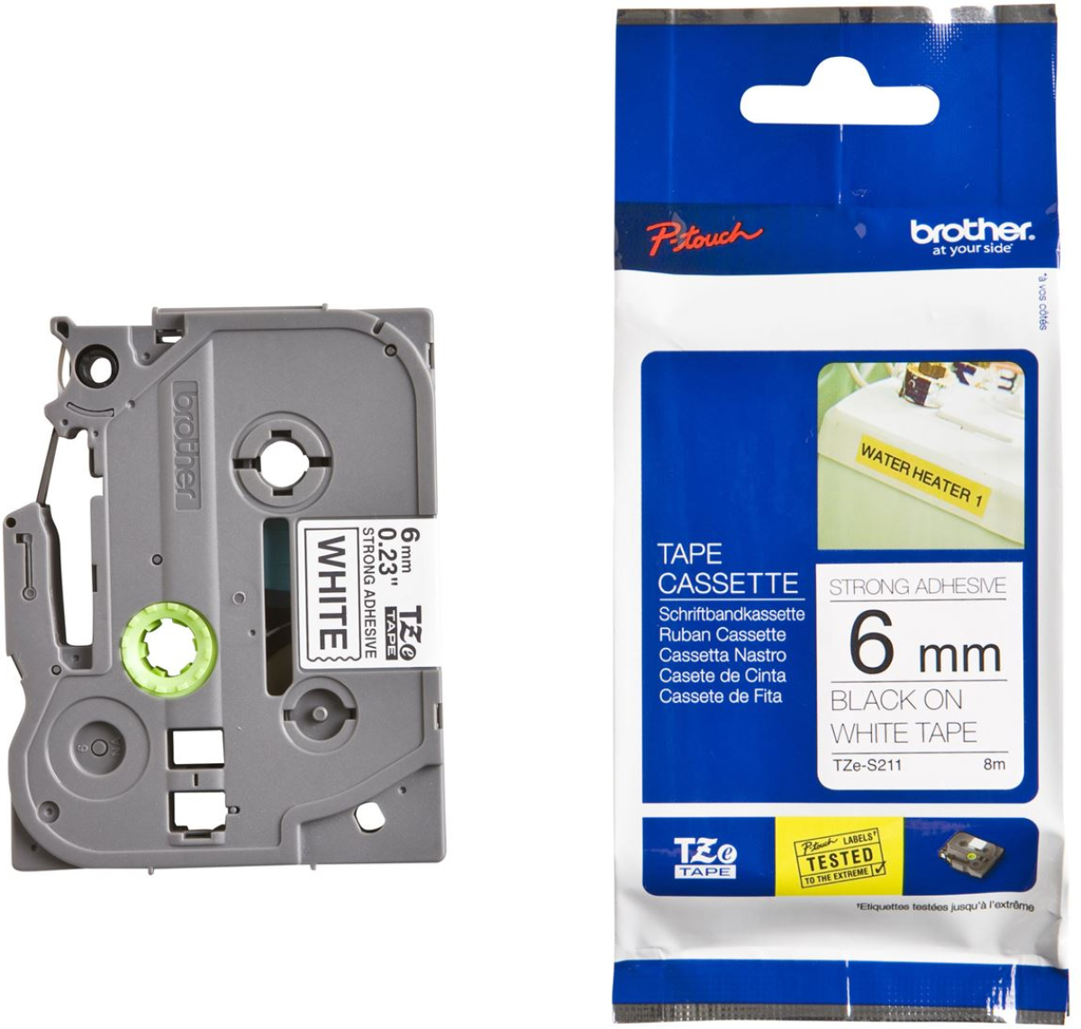 Касета за етикетен принтер BROTHER P-Touch TZE-S211 black on white 6mm extra glueyна ниска цена с бърза доставка - BestPC.BG