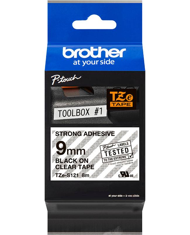 Касета за етикетен принтер Brother TZe-S121, черно на прозрачен фон, ширина 9ммна ниска цена с бърза доставка - BestPC.BG