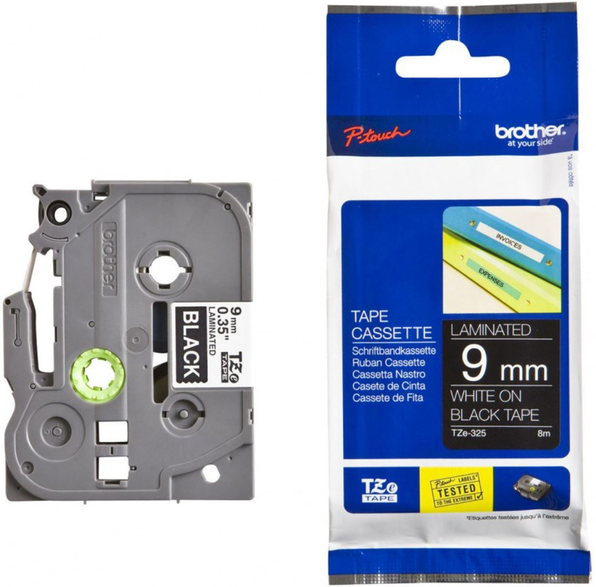 Касета за етикетен принтер Brother TZE325, за Brother P-Touch Series, ширина 9мм, черно на бял фонна ниска цена с бърза доставка - BestPC.BG