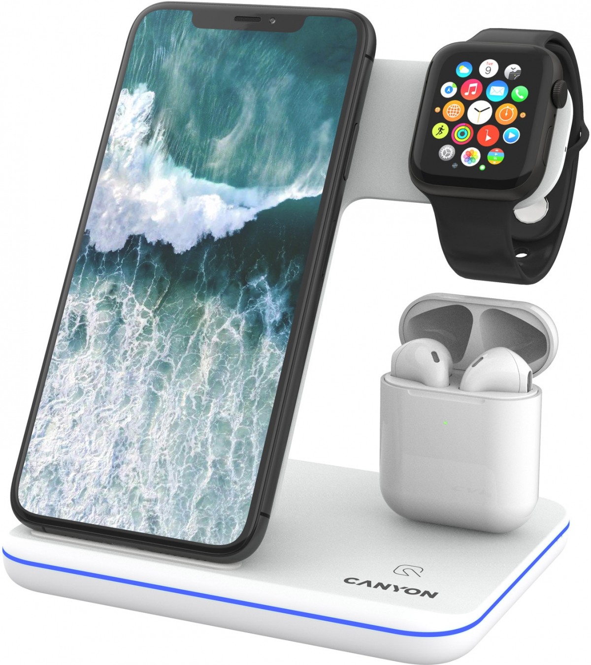 Принадлежност за смартфон CANYON WS-302 Безжично зарядно 3в1, със сензорен бутон за осветлениена ниска цена с бърза доставка - BestPC.BG