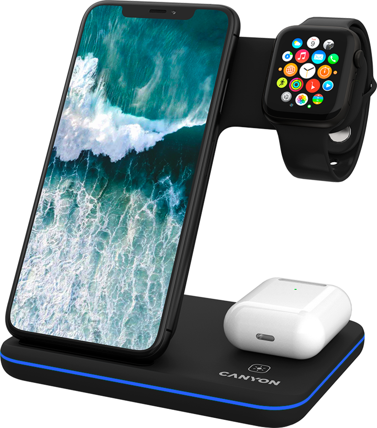 Принадлежност за смартфон CANYON WS-303 3in1 Wireless charger, with touch button for Running water lightна ниска цена с бърза доставка - BestPC.BG