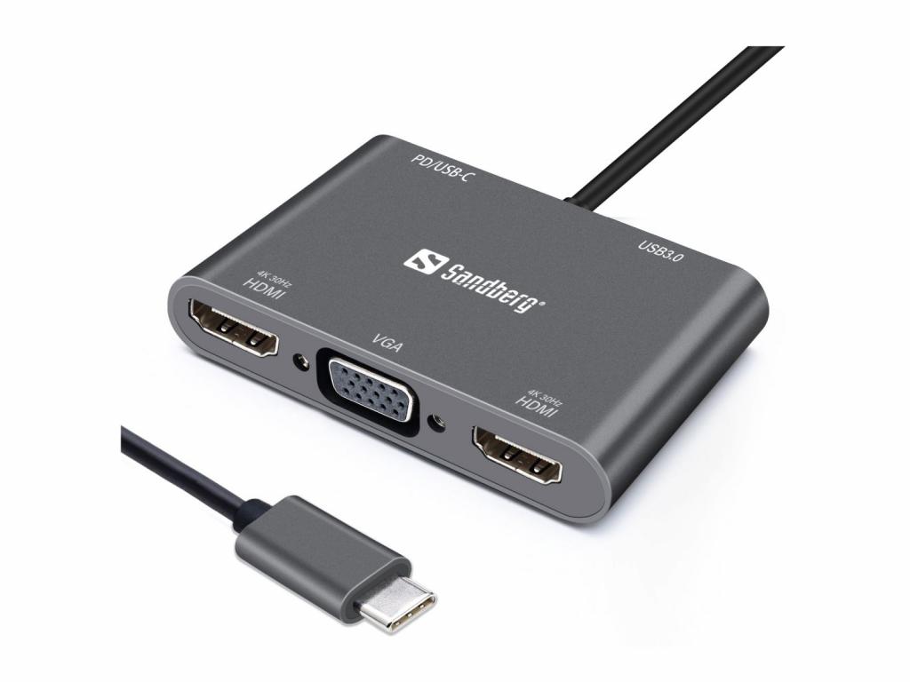SANDBERG SNB-136-35 :: USB-C докинг станция, 2 x HDMI + VGA + USB + PD, 100Wна ниска цена с бърза доставка - BestPC.BG