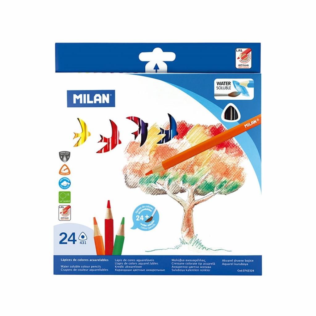 Milan Цветни акварелни моливи Triangular, 24 цвята, с включена четкана ниска цена с бърза доставка - BestPC.BG
