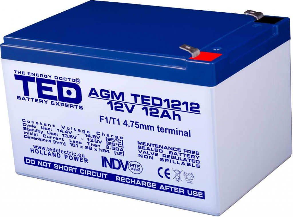 Оловна Батерия TED ELECTRIC, 12V, 12Ah, 152- 98- 96 mm, AGMна ниска цена с бърза доставка - BestPC.BG