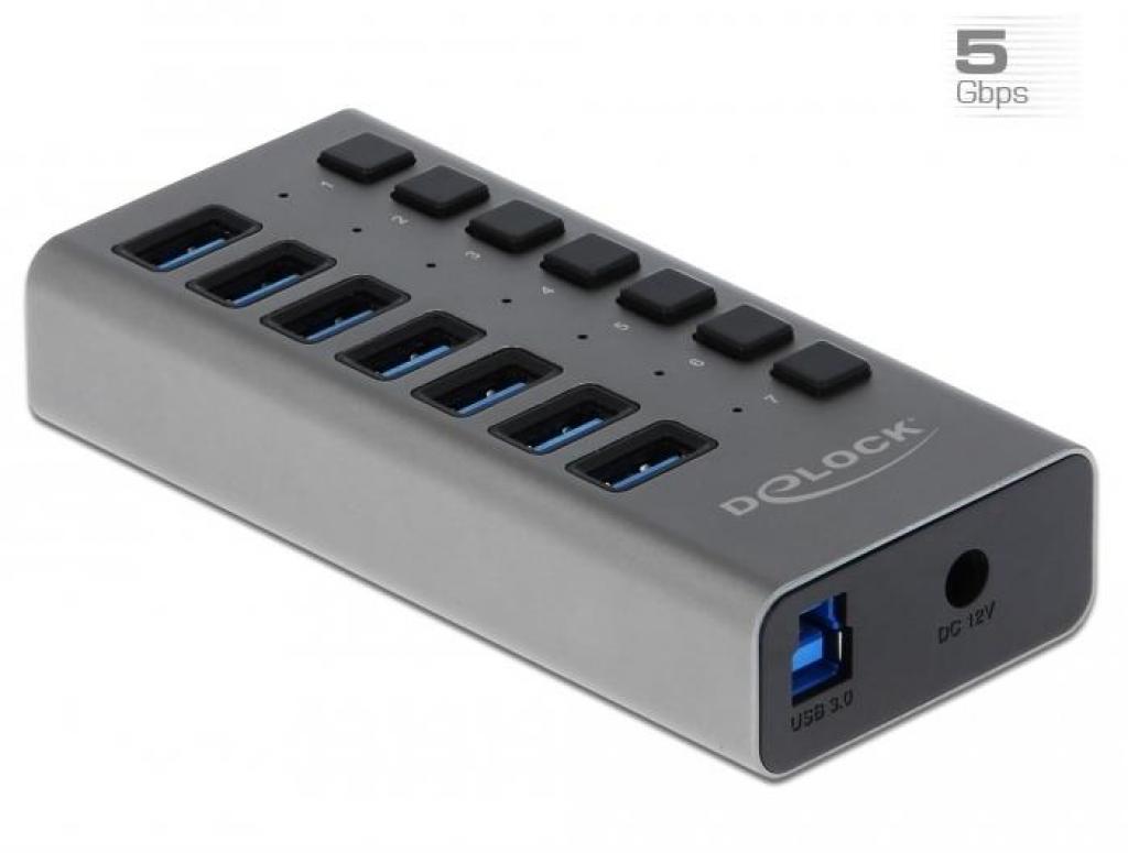 USB хъб Delock 7 x USB-A, 1 x USB-B, 5 Gbps,, LED индикатор, Сивна ниска цена с бърза доставка - BestPC.BG
