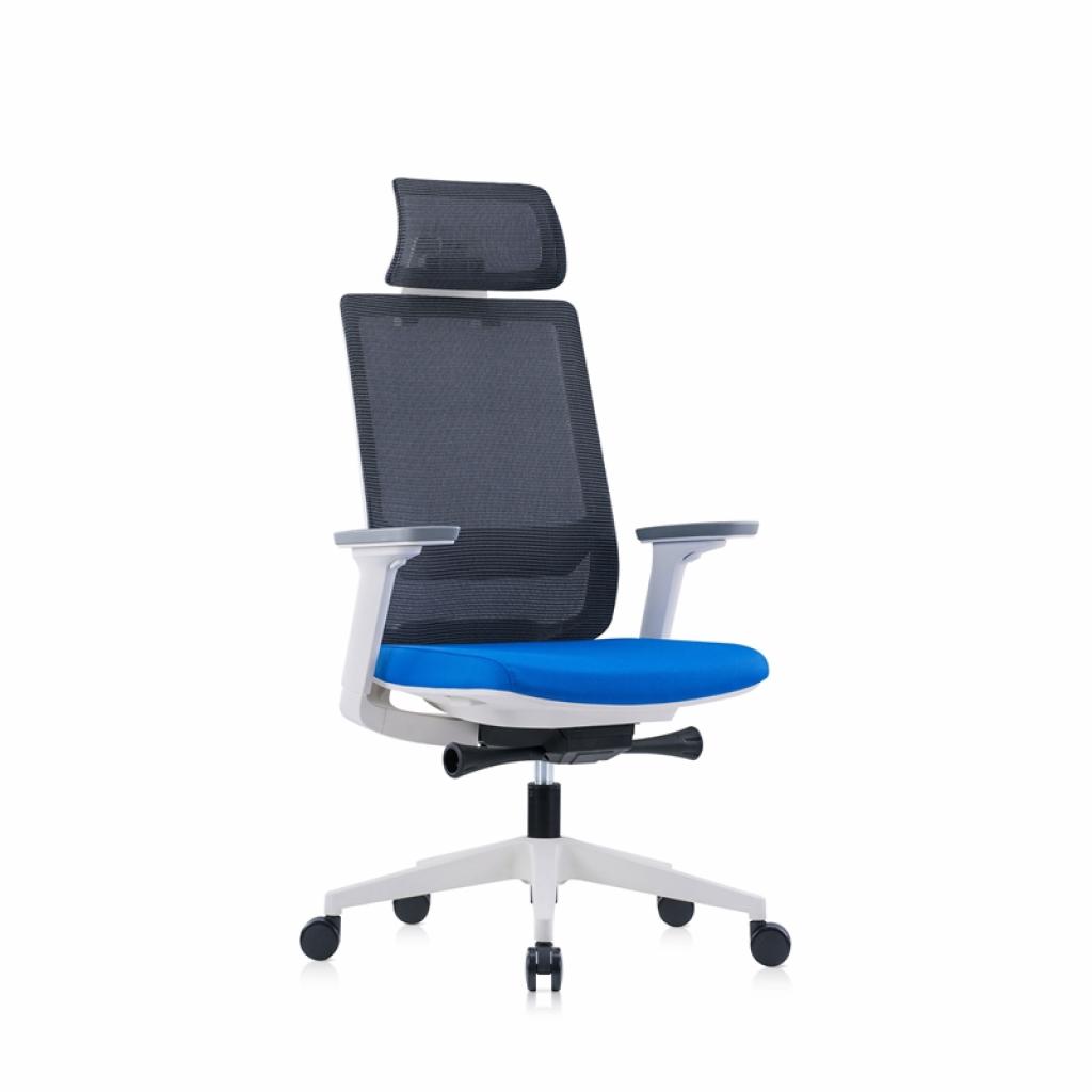 Ергономичен стол RFG Meteor X White HB, дамаска и меш, до 130 kg, сива седалка, синя облегалкана ниска цена с бърза доставка - BestPC.BG