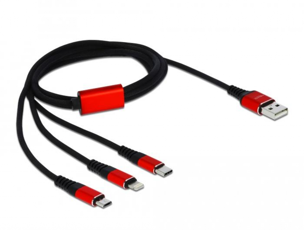 Кабел за зареждане Delock 3 в 1, USB - Lightning- Micro USB- USB-C, 1м, Черен-Червенна ниска цена с бърза доставка - BestPC.BG