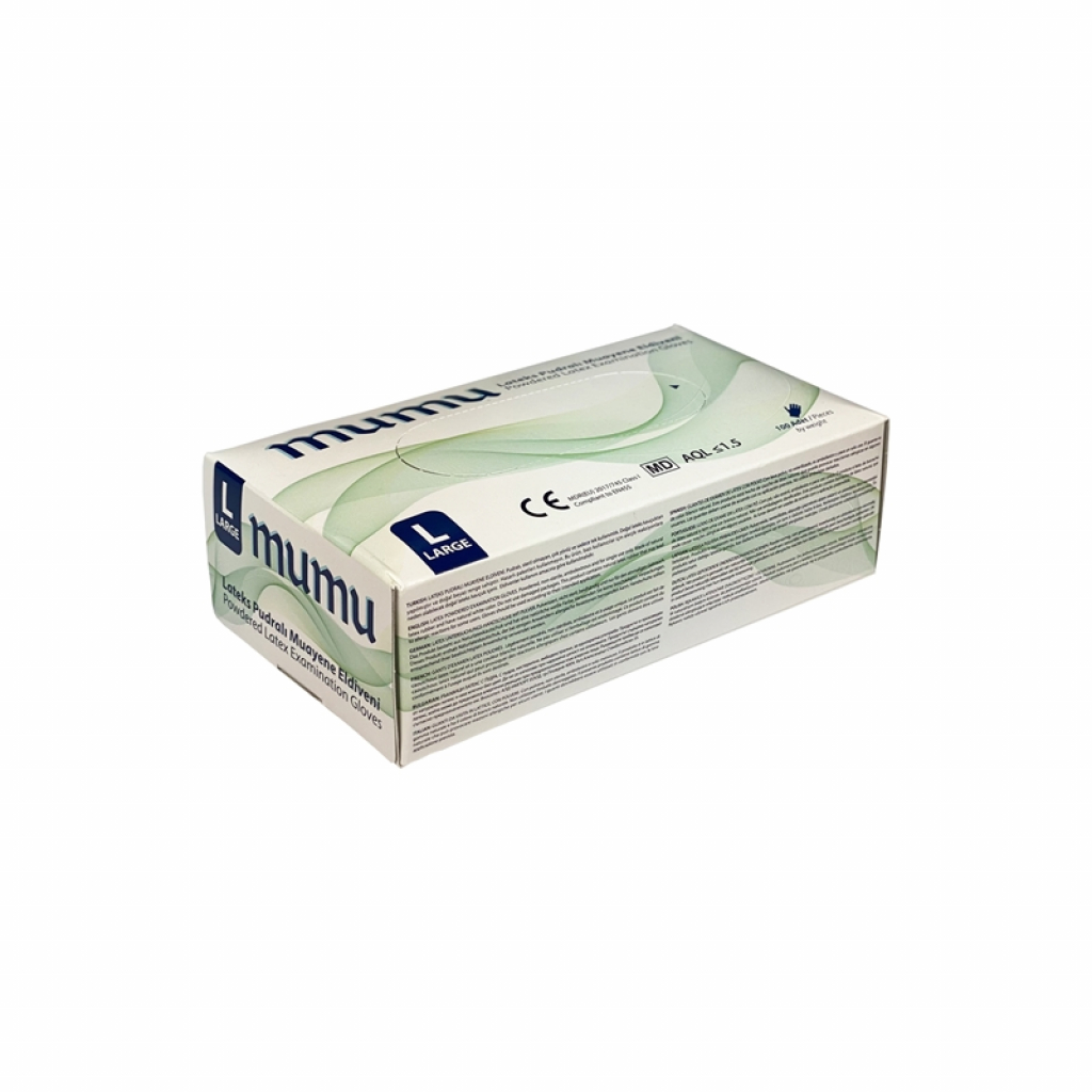 Продукт Mumu Ръкавици, латексови, L, с пудра, 100 брояна ниска цена с бърза доставка - BestPC.BG