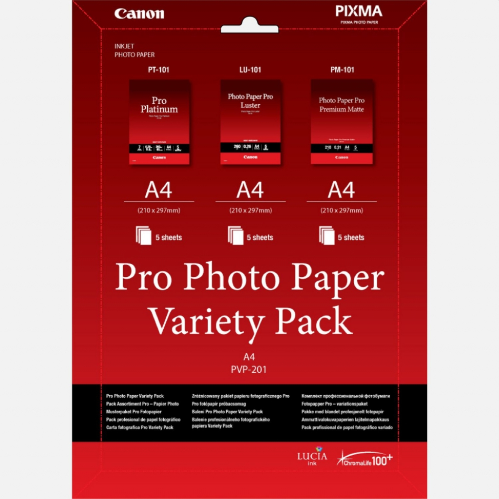 Хартия за принтер Canon Pro Photo Paper Variety Pack PVP-201, A4 (5xPT-101, 5xLU-101, 5xPM-101)на ниска цена с бърза доставка - BestPC.BG