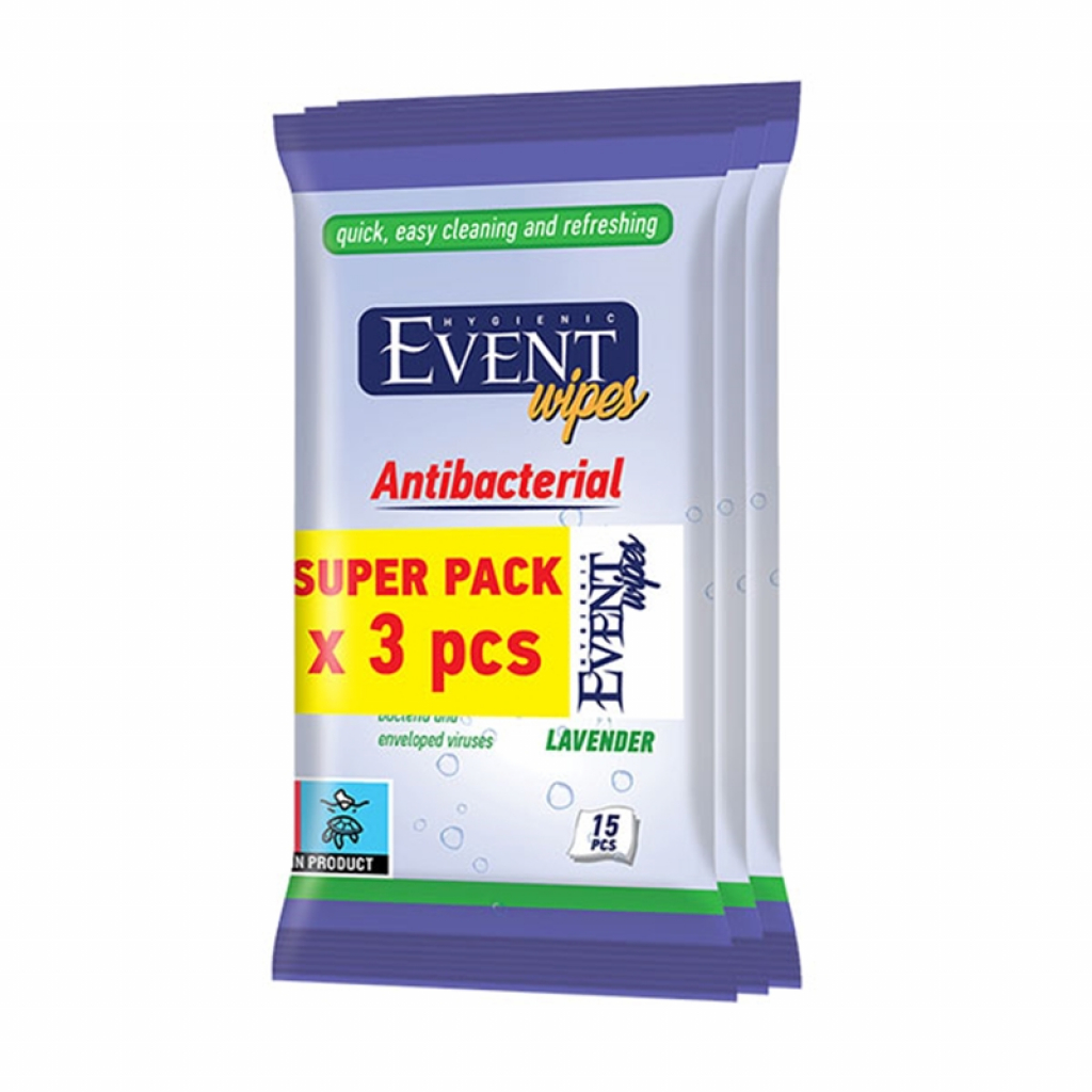 Почистващ продукт Event Мокри кърпи Лавандула, антибактериални, 3 x 15 брояна ниска цена с бърза доставка - BestPC.BG