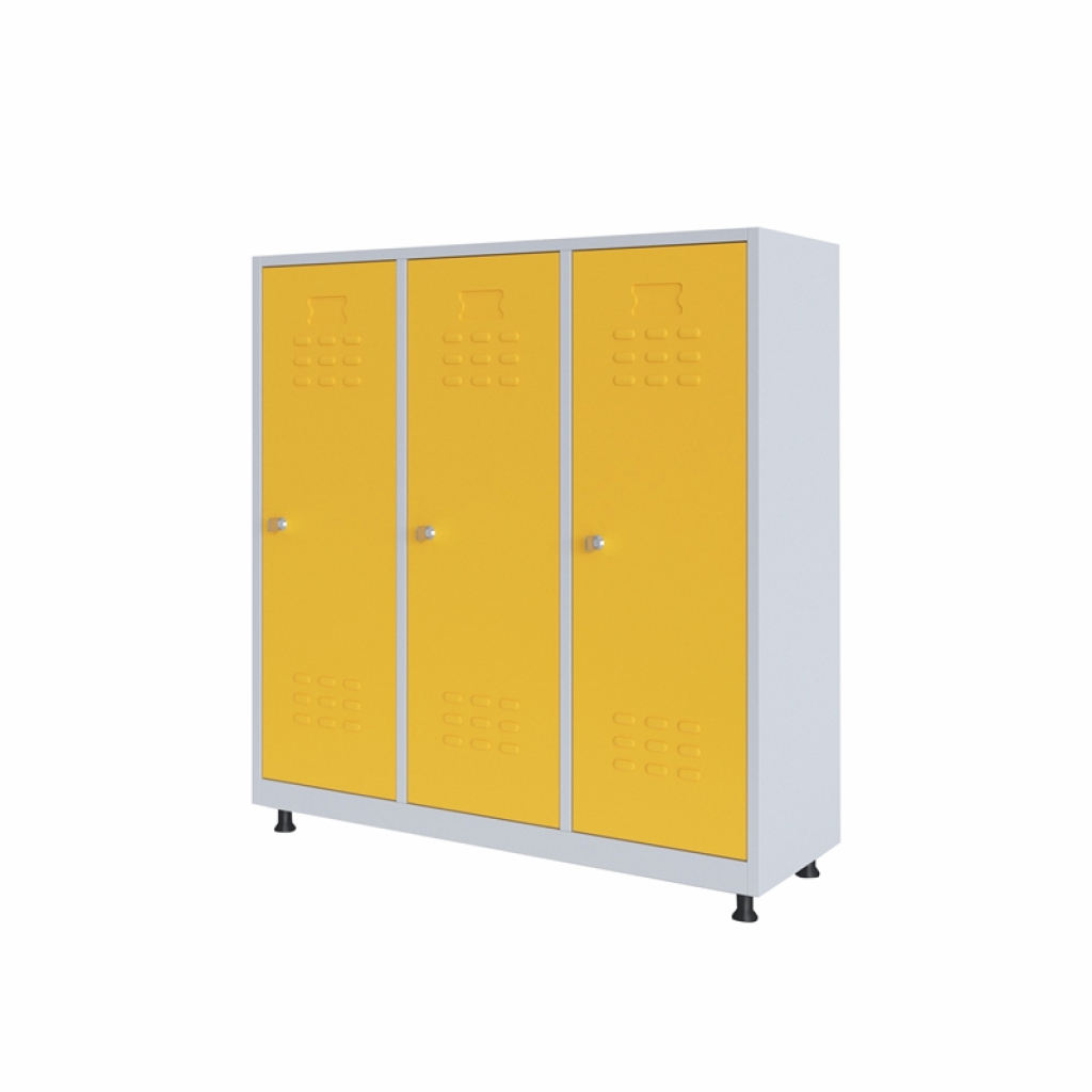 Гардероб RFG, метален, троен, с три врати, 120 х 40 х 120 cm, бял, с жълти вратина ниска цена с бърза доставка - BestPC.BG