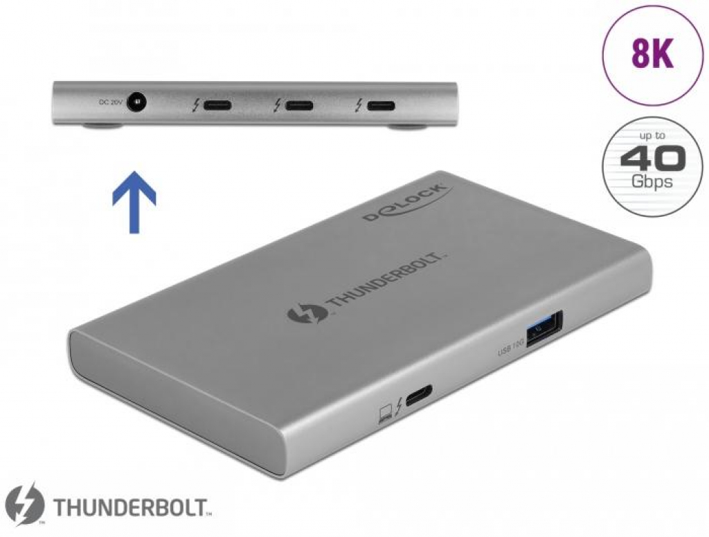 USB Хъб Хъб Delock Thunderbolt, 4 портов, 3 x Thunderbol 4, 1x USB-A, Сивна ниска цена с бърза доставка
