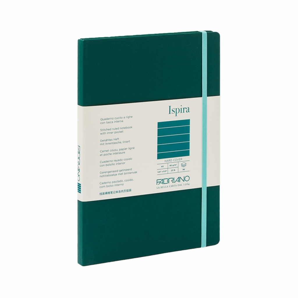 Fabriano Тетрадка Ispira, A5, широки редове, шита, твърда корица, 96 листа, зеленана ниска цена с бърза доставка - BestPC.BG