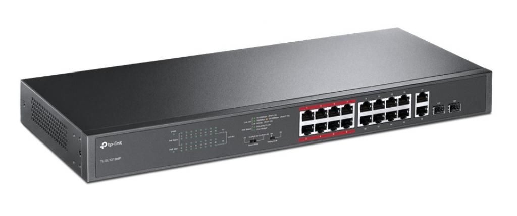 Комутатор/Суич TP-LINK TL-SG1218MP, 16х GbE RJ45 PoE+ порта, 2x SFP порта, 250W максна ниска цена с бърза доставка - BestPC.BG