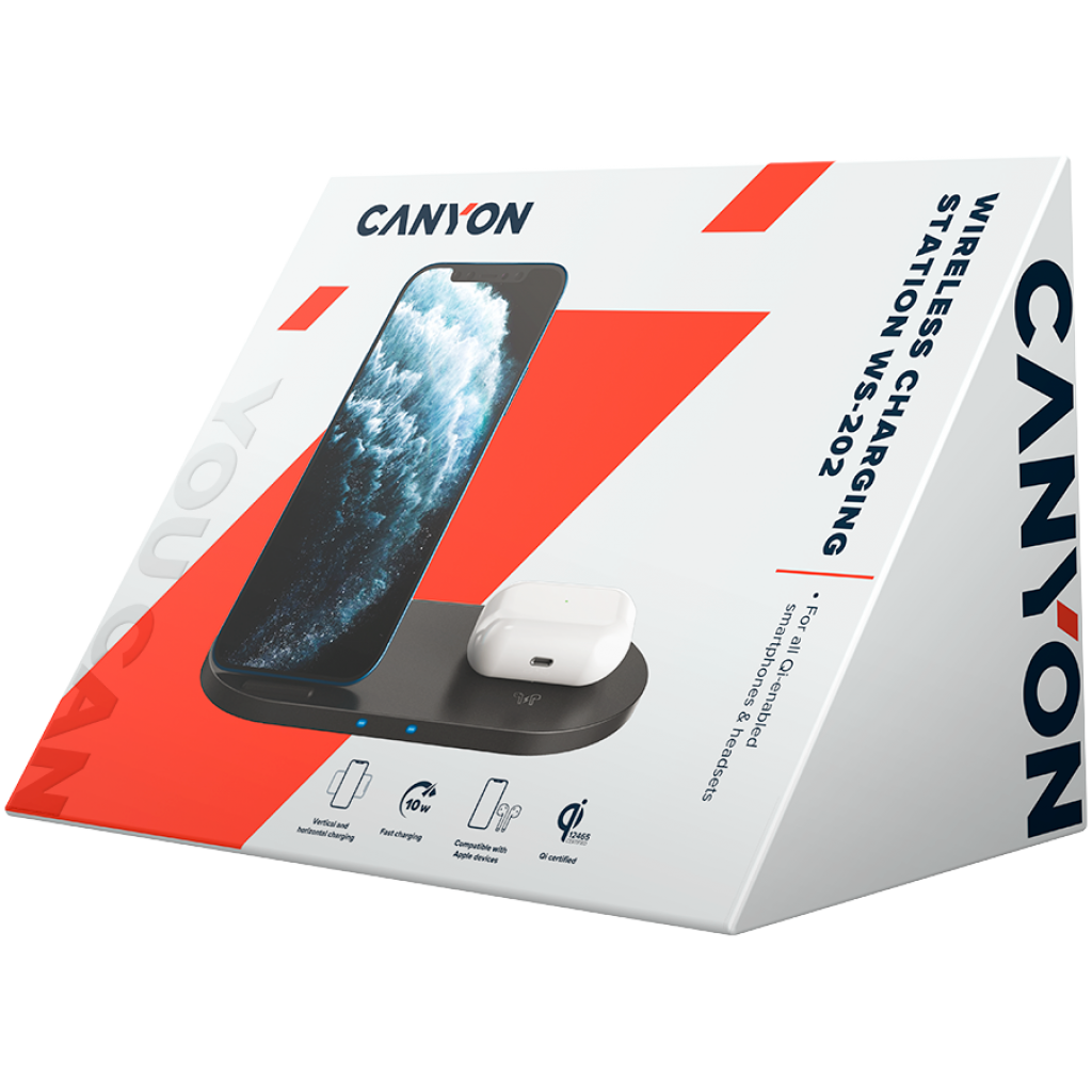 Принадлежност за смартфон CANYON WS-202 2in1 Wireless charger, Input 5V-3A, 9V-2.67A, Outputна ниска цена с бърза доставка - BestPC.BG