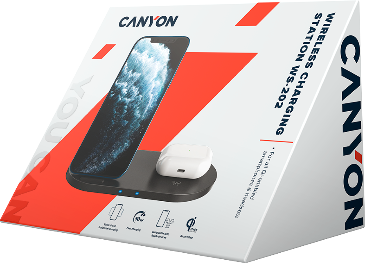 Принадлежност за смартфон CANYON WS-202 2in1 Wireless charger, Input 5V-3A, 9V-2.67A, Outputна ниска цена с бърза доставка - BestPC.BG