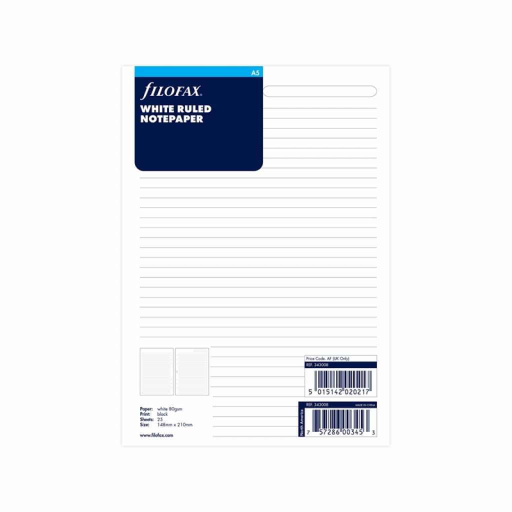 Канцеларски продукт Filofax Пълнител за органайзер, A5, на редове, бели листовена ниска цена с бърза доставка