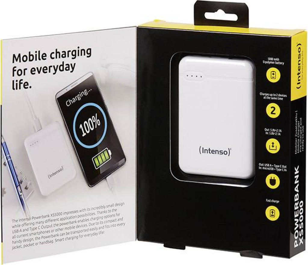 Външна батерия Intenso XS5000 PowerBank White 5000mAh 2.1 A, USB + USB-Cна ниска цена с бърза доставка - BestPC.BG