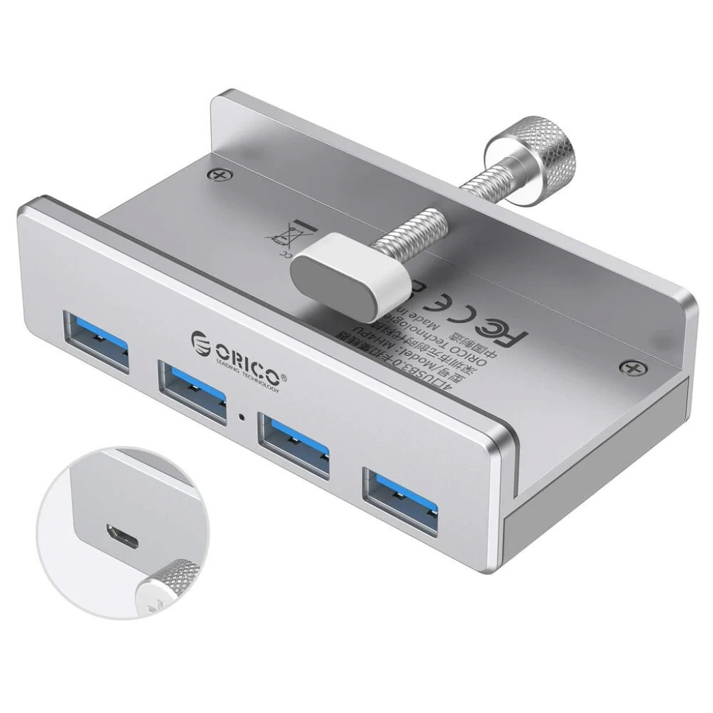 USB Хъб Orico-MH4PU-P-SV-BP USB 3.0 HUB Clip Type 4 port - aux Micro-USB power inputна ниска цена с бърза доставка - BestPC.BG