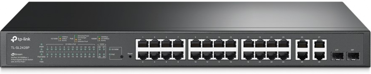 Комутатор/Суич TP-Link TL-SL2428P, 24xFE RJ45, 4xGbE, 2xcombo SFP, управляем,PoE 250Wна ниска цена с бърза доставка - BestPC.BG